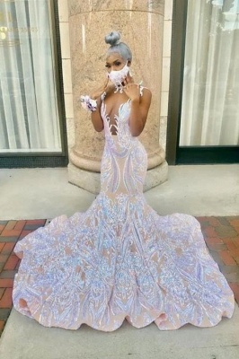 Charming Wite High Neck Transparent Lace Floor-length Mermaid Prom Dresses_3