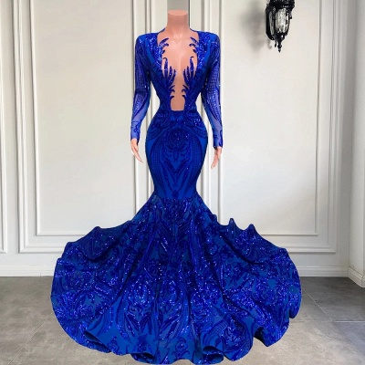 Exquisite Blue V-neck Sequins Long Sleeve Floor-length Mermaid Prom Dresses_3