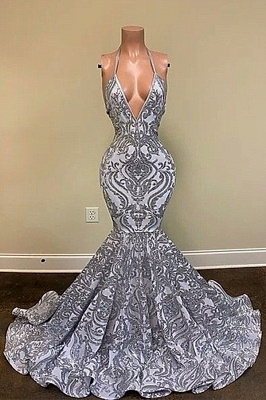 Gorgeous Silver Spaghetti Straps V-neck Appliques Lace Mermaid Prom Dresses_1