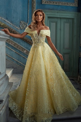 Elegant Yellow Off-the-shoulder Sleeveless A-Line Floor-Length Tulle Prom Dresses_1