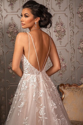 Classy V-neck Appliques Lace Spaghetti Straps Sleeveless A-Line Wedding Dresses_3