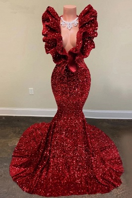 Gorgeous Red V-neck Sequins Tddecoration Sleeveless Floor-length Mermaid Prom Dresses_1