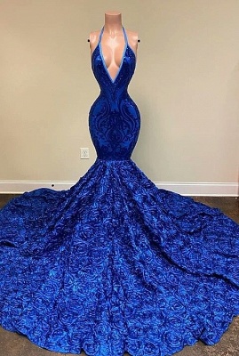 Dignified Blue Halter V-neck Sequins Split Front Sleeveless Floor-length Mermaid Prom Dresses_2
