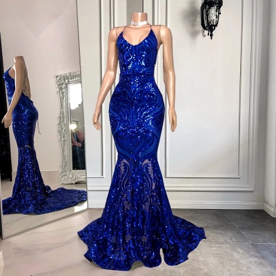 Gorgeous Blue Sequins Jewel Sleeveless Floor-length Mermaid Prom Dresses_5