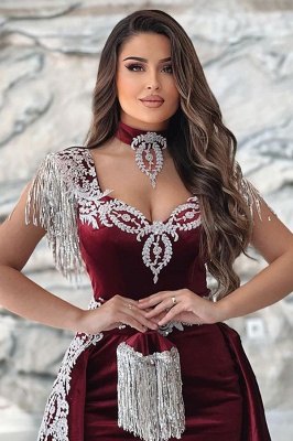 Gorgeous Red Sweetheart Column Appliques Sleeveless Split Front Floor-length Prom Dresses with Train_3