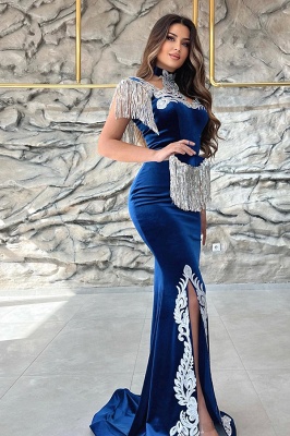 Gorgeous Blue Sweetheart Column Appliques Sleeveless Split Front Floor-length Prom Dresses with Train_5