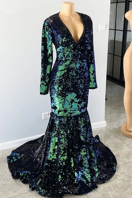 Gorgeous Dark Green V-neck Long Sleeve Floor-length Mermaid Prom Dresses_3