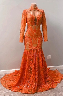 Fabulous Orange Halter Appliques Lace Long Sleeve Mermaid Prom Dresses_4