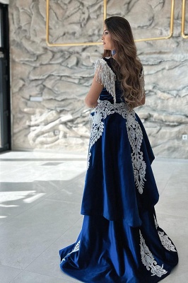 Gorgeous Blue Sweetheart Column Appliques Sleeveless Split Front Floor-length Prom Dresses with Train_4