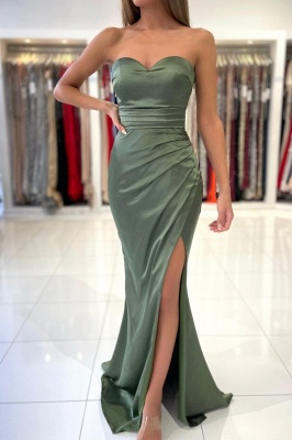 Simple Green Strapless Sleeveless Mermaid Elastic Woven Satin Floor-Length Prom Dresses_4