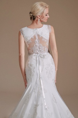 Elegant Jewel Sleeveless Mermaid Floor-Length Satin Wedding Dresses with Lace_8