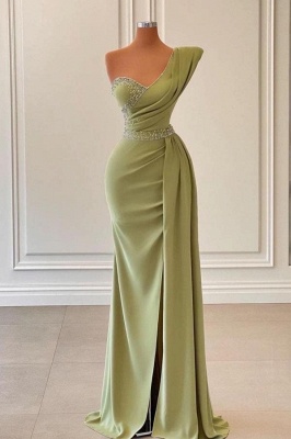 Elegant Green One-shoulder Sleeveless Mermaid Chiffon Prom Dresses with Beadings_1