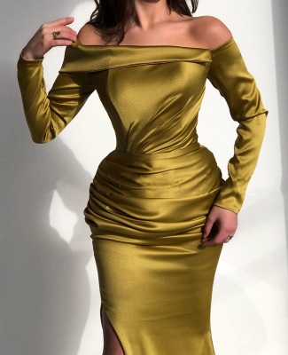 Elegant Yellow Off-the-shoulder Long-Sleeve Mermaid Long-Sleeve Prom Dresses_4