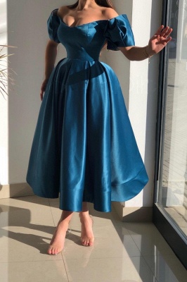 Elegant Blue Off-the-shoulder A-Line Ankle-Length Satin Prom Dresses_2