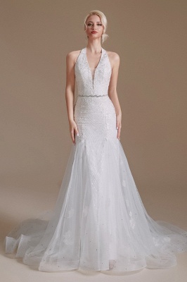 Gorgeous Halter Sleeveless Mermaid Floor-Length Tulle Wedding Dresses with Applique_3