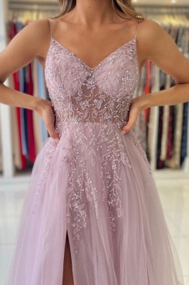 Shimmers Pink Spaghettistraps Sleeveless Column Tulle Floor-Length Prom Dresses with Beadings_7