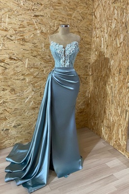 Elegant Blue Strapless Sleeveless Mermaid Elastic Woven Satin Prom Dresses with Ruffles_1