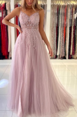 Shimmers Pink Spaghettistraps Sleeveless Column Tulle Floor-Length Prom Dresses with Beadings_1