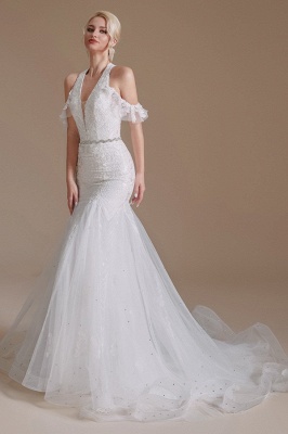 Gorgeous Halter Sleeveless Mermaid Floor-Length Tulle Wedding Dresses with Applique_5