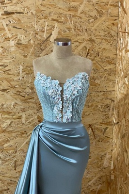 Elegant Blue Strapless Sleeveless Mermaid Elastic Woven Satin Prom Dresses with Ruffles_2