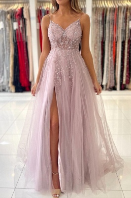 Shimmers Pink Spaghettistraps Sleeveless Column Tulle Floor-Length Prom Dresses with Beadings_2