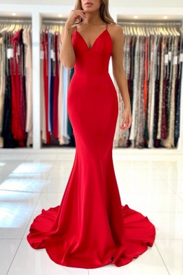 Exquisite Red Spaghetti Straps Sleeveless Mermaid Satin Prom Dresses_1