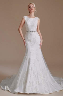 Elegant Jewel Sleeveless Mermaid Floor-Length Satin Wedding Dresses with Lace_3