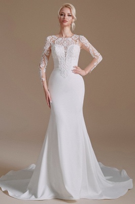 Elegant Jewel Long-Sleeve Mermaid Floor-Length Satin Wedding Dresses with Pattern_2