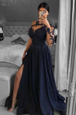 Unique One-shoulder Long-Sleeve A-Line Floor-Length Chiffon Prom Dresses with Appliques_1