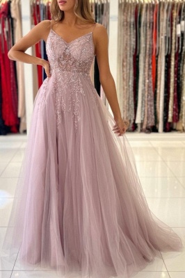 Shimmers Pink Spaghettistraps Sleeveless Column Tulle Floor-Length Prom Dresses with Beadings_3