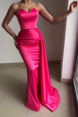 Simple Pink Strapless Sleeveless Mermaid Elastic Woven Satin Prom Dresses with Ruffles_1