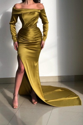 Elegant Yellow Off-the-shoulder Long-Sleeve Mermaid Long-Sleeve Prom Dresses_1
