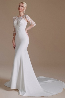 Elegant Jewel Long-Sleeve Mermaid Floor-Length Satin Wedding Dresses with Pattern_3