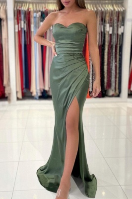 Simple Green Strapless Sleeveless Mermaid Elastic Woven Satin Floor-Length Prom Dresses_2