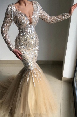 Gorgeous V-Neck Long-Sleeve Mermaid Floor-Length Prom Dresses with Sequins_2