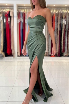 Simple Green Strapless Sleeveless Mermaid Elastic Woven Satin Floor-Length Prom Dresses_1