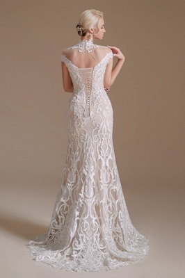 Fabulous Off-the-shoulder Sleeveless Mermaid Floor-Length Lace Wedding Dresses with Pattern_5
