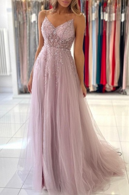 Shimmers Pink Spaghettistraps Sleeveless Column Tulle Floor-Length Prom Dresses with Beadings_4