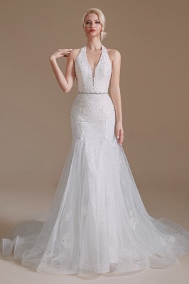 Gorgeous Halter Sleeveless Mermaid Floor-Length Tulle Wedding Dresses with Applique_2