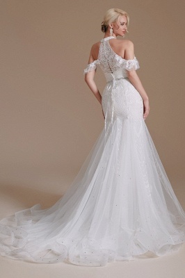 Gorgeous Halter Sleeveless Mermaid Floor-Length Tulle Wedding Dresses with Applique_6