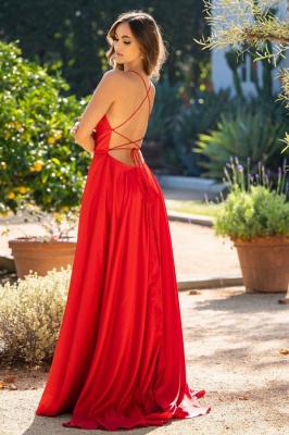Elegant Red Spaghetti Straps Sleeveless Column Satin Prom Dresses with Ruffles_2