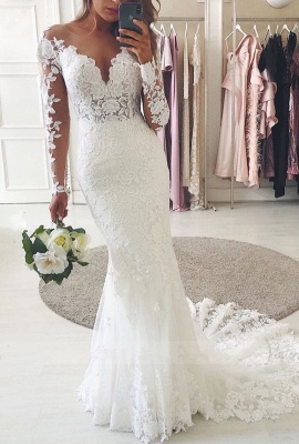 Sexy Sweetheart Long-Sleeve Mermaid Floor-Length Tulle Wedding Dresses with Lace_1