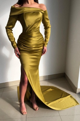 Elegant Yellow Off-the-shoulder Long-Sleeve Mermaid Long-Sleeve Prom Dresses_2