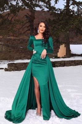 Unique Green Square Long-Sleeve A-Line Floor-Length Satin Prom Dresses with Ruffles_1