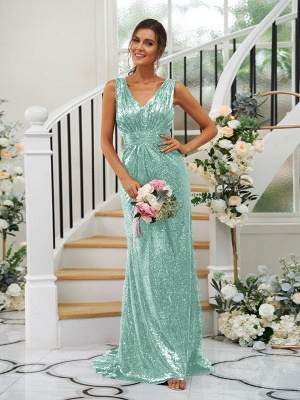 Elegant Dark Green V-Neck Sleeveless Sequins Bridesmaid Dresses_27