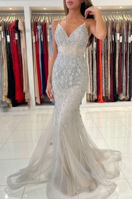 Gorgeous Spaghetti Straps Sleeveless Mermaid Floor-Length Lace Prom Dresses_2