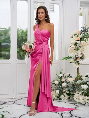 Simple Pink Front-Split One Shoulder Sleeveless Satin Bridesmaid Dresses with Ruffles_15