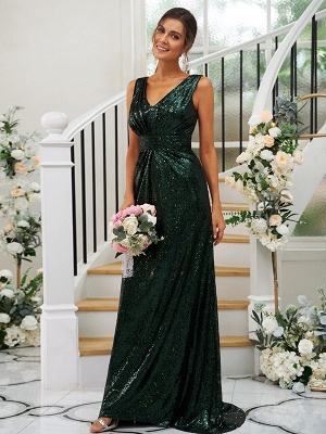 Elegant Dark Green V-Neck Sleeveless Sequins Bridesmaid Dresses_4