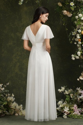 Vintage white V-Neck Short-Sleeves A-Line Floor-Length Tulle Prom Dresses_2