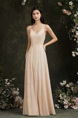 Simple Champagne Spaghetti Straps Sleeveless A-Line Satin Prom Dresses with Ruffles